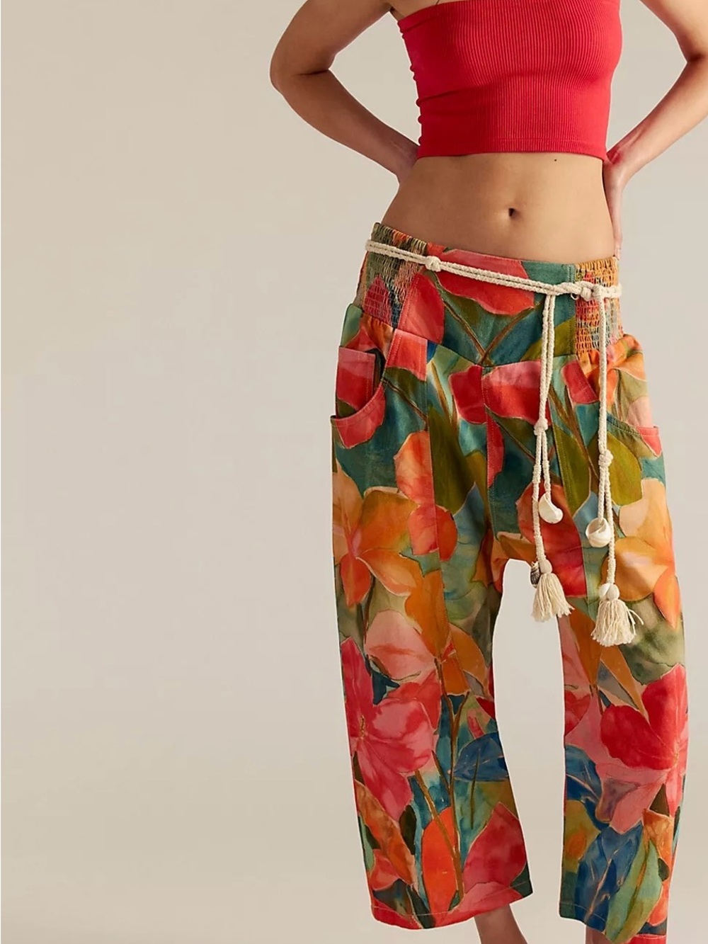 We The Free Floral Wide-Leg Cropped Pants in Red, Green, Orange